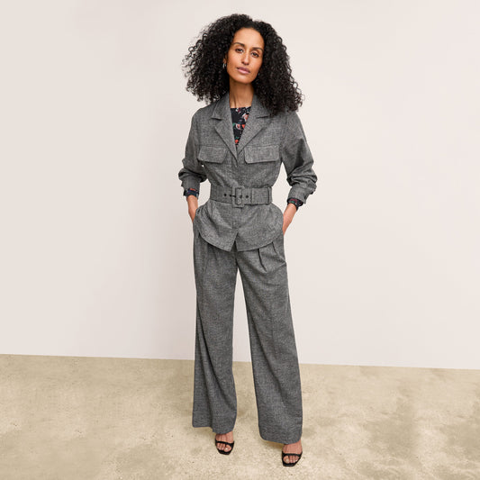 Bia Pleated Trouser - Crosshatch Suiting :: Black/White